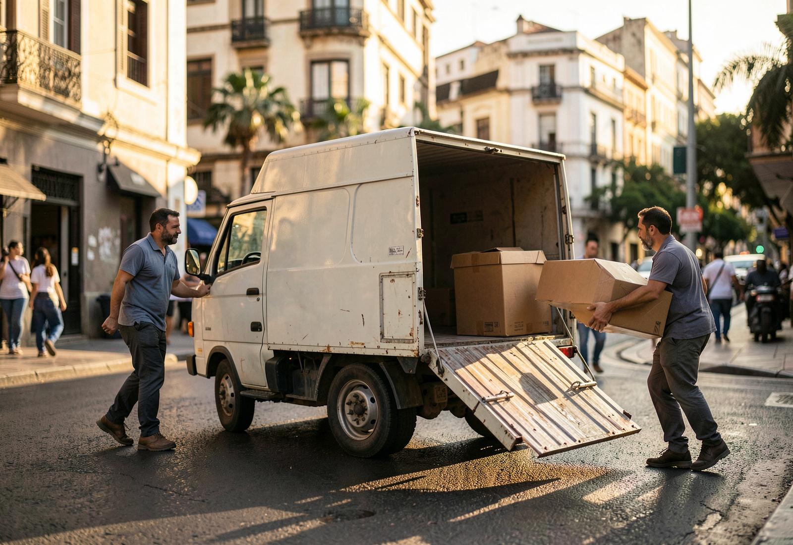 Dois carregadores colocando caixas na rampa de um caminhão de mudança em uma rua da cidade